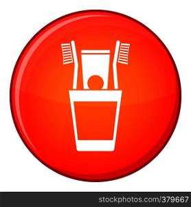 Plastic cup with brushes icon in red circle isolated on white background vector illustration. Plastic cup with brushes icon, flat style