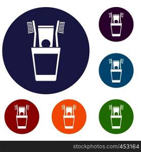 Plastic cup with brushes icons set in flat circle reb, blue and green color for web. Plastic cup with brushes icons set