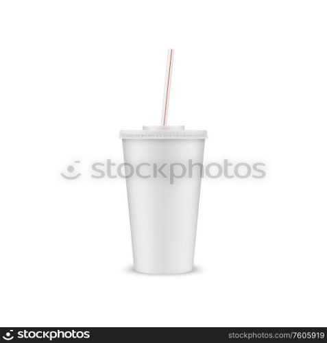 Plastic cup with cover and straw isolated mockup. Vector takeaway drinks packaging template. Takeaway drinks packaging. Cup with lid, straw