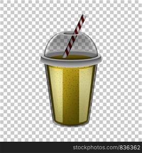 Plastic cup yellow smoothie mockup. Realistic illustration of plastic cup yellow smoothie vector mockup for on transparent background. Plastic cup yellow smoothie mockup, realistic style