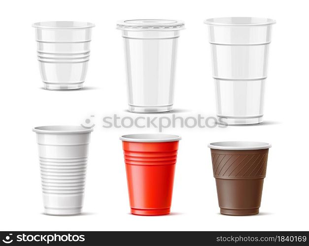 Plastic cups. Realistic empty transparent and color drinks takeaway mugs, hot and cold beverages containers mockup, different sizes isolated vector set. Plastic cups. Realistic transparent and color drinks takeaway mugs, hot and cold beverages containers mockup, different sizes. Vector set