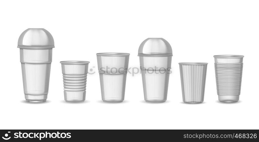 Plastic cups. Realistic transparent coffee juice and beverage containers with lid sample mockup. Vector set design templates isolated on white. Plastic cups. Realistic transparent coffee juice and beverage containers mockup. Vector design templates isolated on white