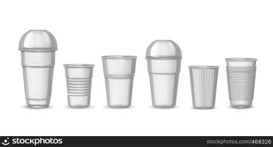 Plastic cups. Realistic transparent coffee juice and beverage containers with lid sample mockup. Vector set design templates isolated on white. Plastic cups. Realistic transparent coffee juice and beverage containers mockup. Vector design templates isolated on white