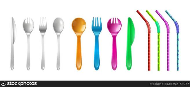 Plastic cutlery and straws. Drink straw, colorful reusable fork knife spoon. Cafe restaurant bar equipment, isolated realistic kitchen tools vector set. Illustration cutlery plastic, straw disposable. Plastic cutlery and straws. Drink straw, colorful reusable fork knife spoon. Cafe restaurant bar equipment, isolated realistic kitchen tools vector set