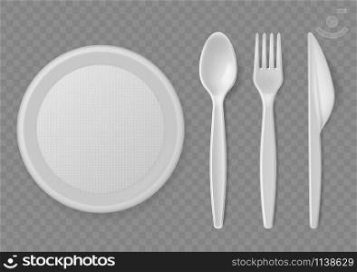 Plastic cutlery. Realistic disposable serving kitchen utensil, plate and spoon, fork and knife, picnic tableware. Kitchenware clean product food tools vector set. Plastic cutlery. Realistic disposable serving kitchen utensil, plate and spoon, fork and knife, picnic tableware. Kitchenware vector set