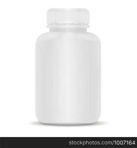 Plastic drug bottle. White 3d Vector illustration. Mockup Template of medical package for pills, capsule, drugs. Sports and health life supplements.. Plastic drug bottle. White 3d Vector illustration.