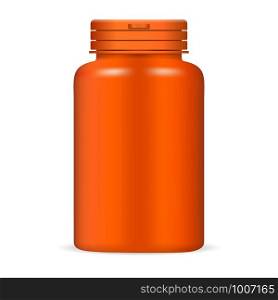 Plastic drug pills bottle in orange color. Mockup Template of medical package for pills, capsule, drugs. 3d Vector illustration. Sports and health life supplements.. Plastic drug pills bottle in orange color. Mockup