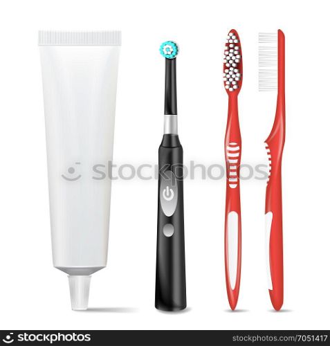 Plastic, Electric Toothbrush, Toothpaste Tube Vector. Mock Up For Branding Design. Isolated Dental Concept. Illustration.. Plastic And Electric Toothbrush, Toothpaste Tube Vector. Mock Up For Branding Design. Isolated On White Illustration.