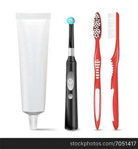 Plastic, Electric Toothbrush, Toothpaste Tube Vector. Mock Up For Branding Design. Isolated Dental Concept. Illustration.. Plastic And Electric Toothbrush, Toothpaste Tube Vector. Mock Up For Branding Design. Isolated On White Illustration.