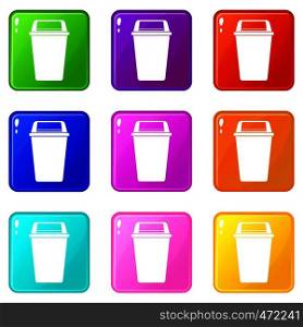 Plastic flip lid bin icons of 9 color set isolated vector illustration. Plastic flip lid bin icons 9 set