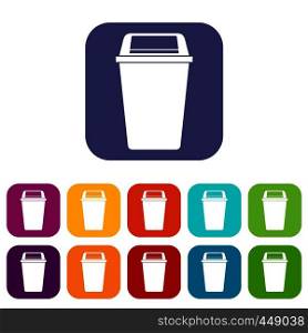 Plastic flip lid bin icons set vector illustration in flat style In colors red, blue, green and other. Plastic flip lid bin icons set flat