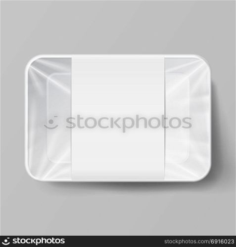 Plastic Food Container With Label. White Empty. Empty Blank Styrofoam Plastic Food Tray Container. White Empty Mock Up. Good For Package Design