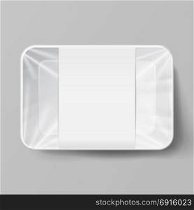 Plastic Food Container With Label. White Empty. Empty Blank Styrofoam Plastic Food Tray Container. White Empty Mock Up. Good For Package Design