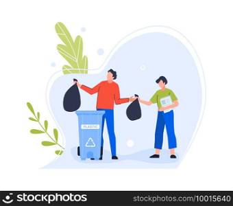 Plastic garbage bin, woman character and man trow in recycling bin container, illustration trash throw, dumping in basket, person with litter. Plastic garbage bin, woman character and man trow
