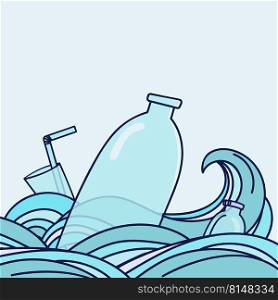 Plastic garbage, bottle, plastic conteners, straws and cutlery in the ocean. Eco problem banner. Vector illustration. Save the Oceans