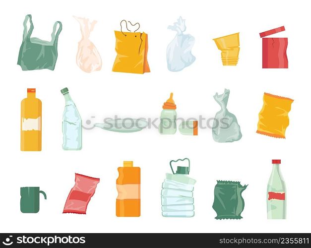 Plastic garbage pollution, bags, bottles, disposable tableware and package. Sorting junk and recycle plastic waste. Cartoon trash vector set. Rumpled, broken containers, environmental problem. Plastic garbage pollution, bags, bottles, disposable tableware and package. Sorting junk and recycle plastic waste. Cartoon trash vector set