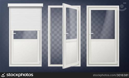 Plastic Glass Door Vector. White Roller Shutter. Opened And Closed. Roll Up Shutter. Isolated On Transparent Background Illustration. Plastic Door Vector. PVC Plastic Profile. White Empty Roller Shutter. Opened And Closed. Isolated On Transparent Background Illustration