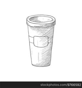 Plastic glass with lid isolated monochrome sketch. Vector disposable tea or coffee cup with cover. Disposable coffee cup and lid takeaway drink drawn
