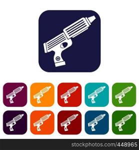 Plastic gun toy icons set vector illustration in flat style In colors red, blue, green and other. Plastic gun toy icons set flat
