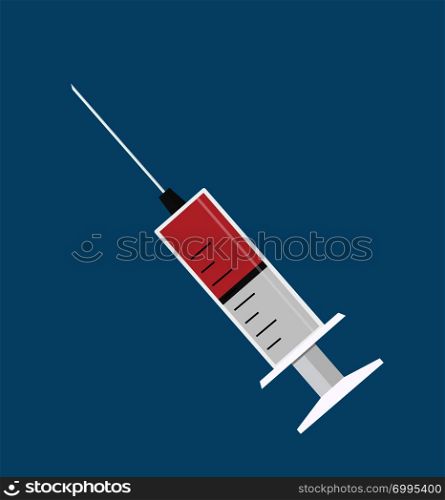 Plastic injection syringe icon medical with red blood liquid isolated on background