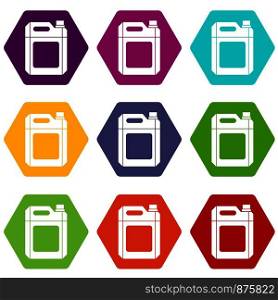 Plastic jerry can icon set many color hexahedron isolated on white vector illustration. Plastic jerry can icon set color hexahedron