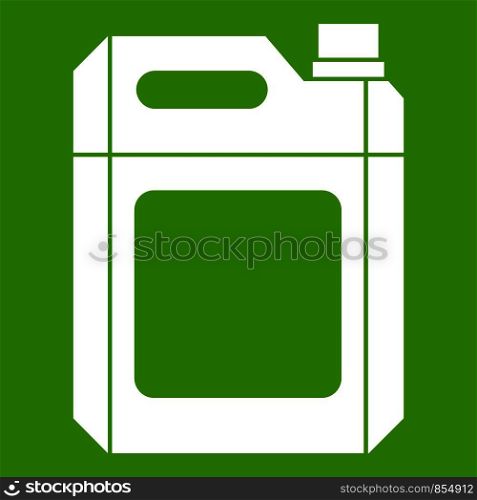 Plastic jerry can icon white isolated on green background. Vector illustration. Plastic jerry can icon green