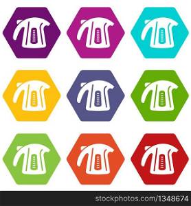 Plastic kettle icons 9 set coloful isolated on white for web. Plastic kettle icons set 9 vector