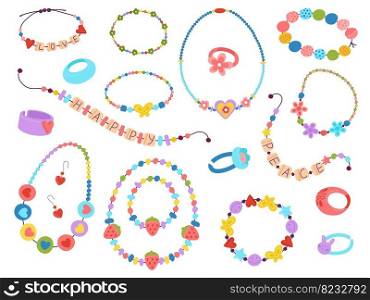 Plastic kids beads. Diy beading 00s accessories, braid bracelet and making necklace with letters. 90s style jewelry design, fashion children vector set. Illustration of bracelet beads accessories. Plastic kids beads. Diy beading 00s accessories, braid bracelet and making necklace with letters. 90s style jewelry design, fashion children decent vector set