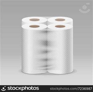 Plastic long roll toilet paper one package four roll, design on gray background, vector illustration