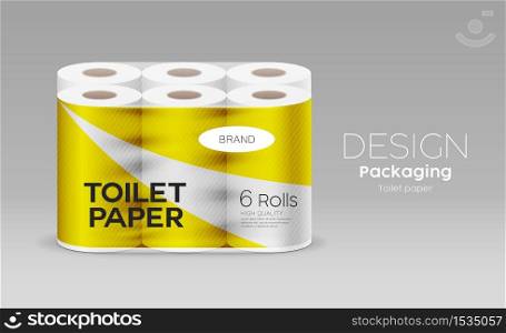 Plastic long roll toilet paper one package six roll, yellow design on gray background, vector illustration