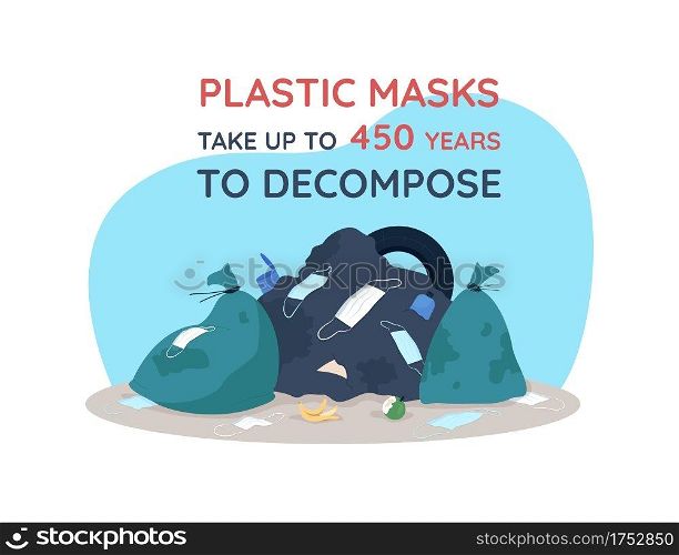 Plastic masks 2D vector web banner, poster. Covid natural disaster. Dealing with pandemic trash. Corona results flat objects on cartoon background. Virus printable patch, colorful web element. Plastic masks 2D vector web banner, poster
