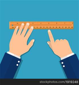 Plastic measuring ruler in hand. Tools for education and work. Stationery and office supply. Vector illustration in flat style. Plastic measuring ruler in hand.