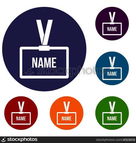 Plastic Name badge with neck strap icons set in flat circle reb, blue and green color for web. Plastic Name badge with neck strap icons set