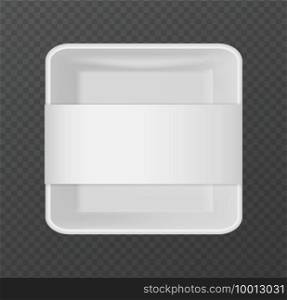 Plastic packaging. 3D snack package. Realistic white empty container for portioned food on transparent background. Top view of square lunch box with blank label. Brand identity template, vector tray. Plastic packaging. 3D snack package. Realistic empty container for food on transparent background. Top view of square lunch box with blank label. Brand identity template, vector tray