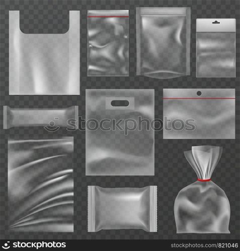 Plastic packaging. Transparent plastic packs, empty food containers. Polythene pouch and snack package vector isolated transparancy clear packing bag mockups. Plastic packaging. Transparent plastic packs, empty food containers. Polythene pouch and snack package vector isolated mockups