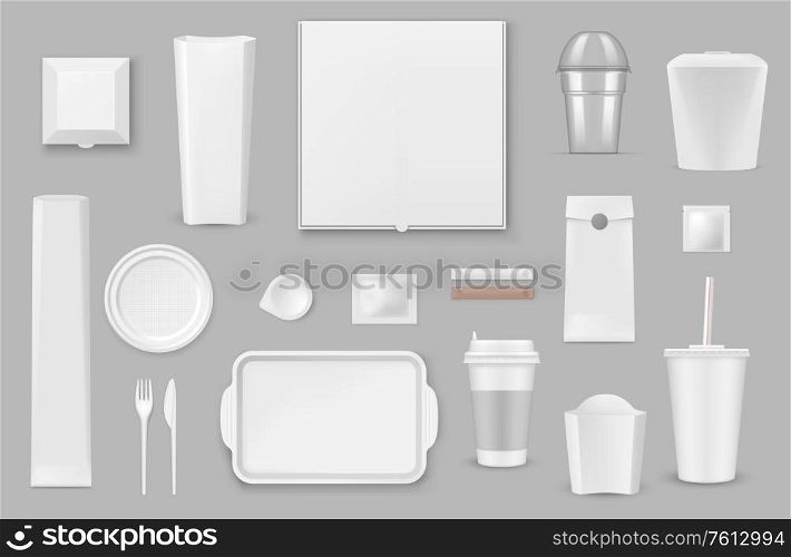 Plastic, paper disposable tableware realistic vector mockups set. Pizza, french fries and popcorn box, container for hot food, drink paper cup with lid and straw, tray and fork, plate and sauce, sugar. Disposable tableware realistic vector mockups