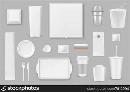 Plastic, paper disposable tableware realistic vector mockups set. Pizza, french fries and popcorn box, container for hot food, drink paper cup with lid and straw, tray and fork, plate and sauce, sugar. Disposable tableware realistic vector mockups
