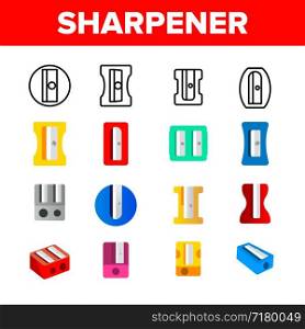 Plastic Pencil Sharpener Vector Linear Icons Set. Differently Shaped And Colored Sharpener. Stationery Writing Tool Thin Line Pictograms. Pencil Cutter, Office Supplies, Utensil Flat Illustrations. Plastic Pencil Sharpener Vector Linear Icons Set