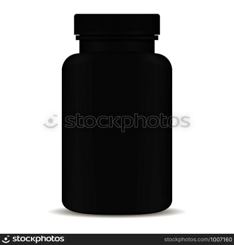Plastic pill bottle. Black 3d Vector illustration. Mockup Template of medicine package for pills, capsule, drugs. Sports and health life supplements.. Plastic pill bottle. Black 3d Mockup Template