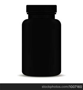Plastic pill bottle. Black 3d Vector illustration. Mockup Template of medicine package for pills, capsule, drugs. Sports and health life supplements.. Plastic pill bottle. Black 3d Mockup Template
