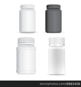 Plastic pill bottle. White supplement jar, 3d container blank. Medicine tablet pharmaceutical packaging mockup. Prescription capsule, aspirin drug jar template mock up illustration. Plastic pill bottle. White supplement jar, capsule