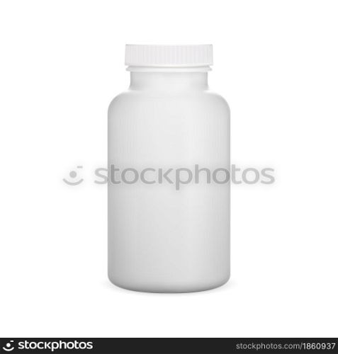Plastic pill bottle. White witamin capsule jar, vector template, isolated on background. Medicine supplement jar blank. Pharmaceutical package mock up for presentation. Plastic pill bottle. White witamin capsule jar, vector