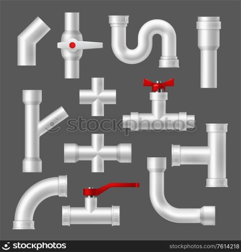Plastic pipes and tubes, pipeline fittings realistic isolated 3d vector objects set. Pipeline tube parts with red valves, plumbing fittings. Factory pipes, house pvc sewer sections, plastic piping. Plastic pipes and tubes, pipeline fittings