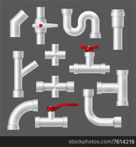 Plastic pipes and tubes, pipeline fittings realistic isolated 3d vector objects set. Pipeline tube parts with red valves, plumbing fittings. Factory pipes, house pvc sewer sections, plastic piping. Plastic pipes and tubes, pipeline fittings