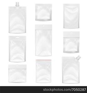 Plastic Pocket Vector Blank. Packing Design. Realistic Mock Up Template Of White Plastic Pocket Bag. Empty Hang Slot. White Clean Doypack Bag Packaging With Corner Spout Lid. Isolated Illustration. Plastic Polyethylene Pocket Bag Set Vector Blank. Realistic Mock Up Template Of Plastic Pocket Bag With Zipper, Zip lock. Clean Hang Slot, Pouch Packaging. Isolated Illustration