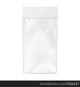 Plastic Pocket Vector Blank. Realistic Mock Up Template Of Plastic Pocket Bag. Clean Hang Slot. Packing Design Template. Isolated Illustration. Plastic Pocket Vector Blank. Packing Design. Realistic Mock Up Template Of White Plastic Pocket Bag. Empty Hang Slot. Isolated Illustration