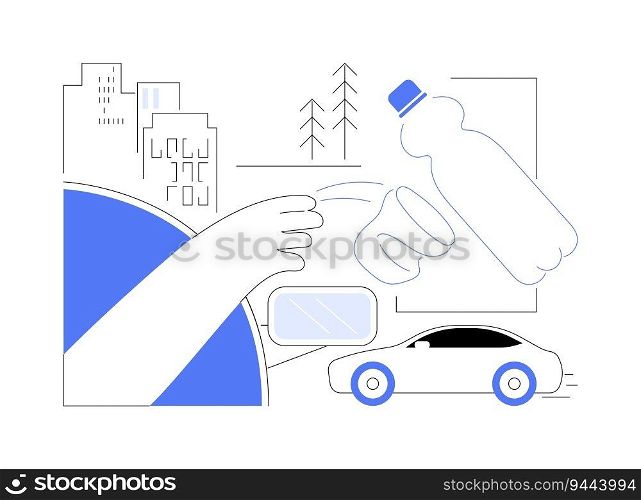 Plastic pollution abstract concept vector illustration. Man throws a plastic bottle on the road, ecological problems, resources overconsumption, planet contamination abstract metaphor.. Plastic pollution abstract concept vector illustration.