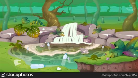 Plastic pollution flat color vector illustration. Industrial damage to wild environment. Trash and waste in water. Cut trees in rainforest. Tropical 2D cartoon landscape with greenery on background