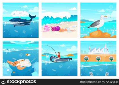 Plastic pollution in ocean flat vector illustrations set. Water contamination problem. Junk in sea. Ecological catastrophe. Cartoon turtle, marine animal trapped in plastic package