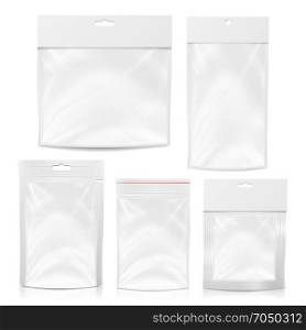 Plastic Polyethylene Pocket Bag Set Vector Blank. Realistic Mock Up Template Of Plastic Pocket Bag With Zipper, Zip lock. Clean Hang Slot, Pouch Packaging. Isolated Illustration. Plastic Pocket Vector Blank. Packing Design. Realistic Mock Up Template Of White Plastic Pocket Bag. Empty Hang Slot. White Clean Doypack Bag Packaging With Corner Spout Lid. Isolated Illustration